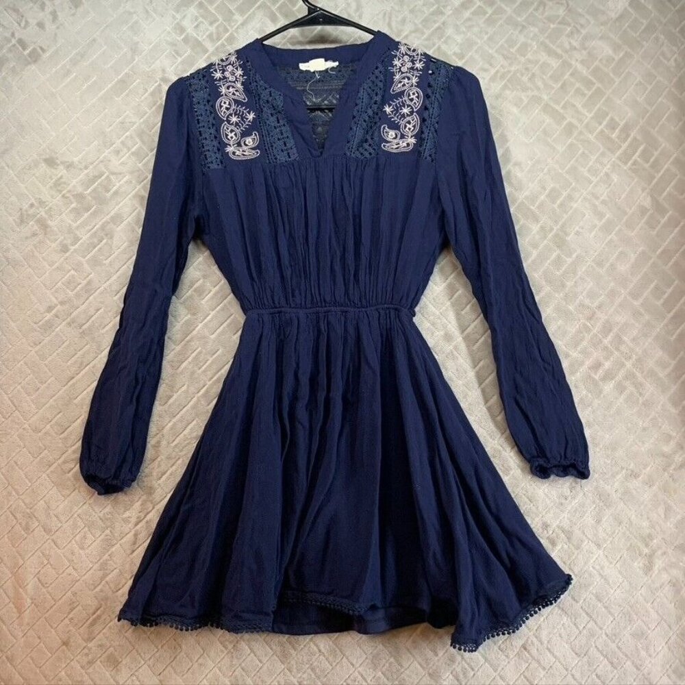 Double Zero Womens S Short Mini Dress Tunic Top Navy Blue Rayon Gauze 3/4 Sleeve